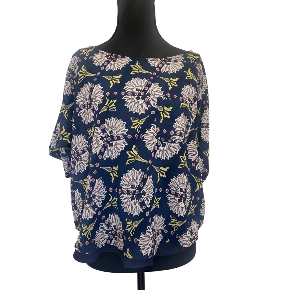 Meadow Rue‎ Womens S Sheer Short Sleeve Top Navy Floral Blouse Lined Boho AOP
